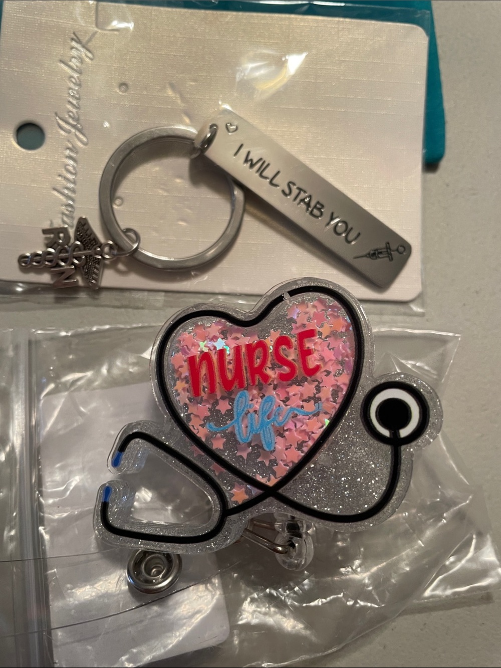 Nurse Life Pink Heart Stethoscope Badge Reel & Keychain set New
